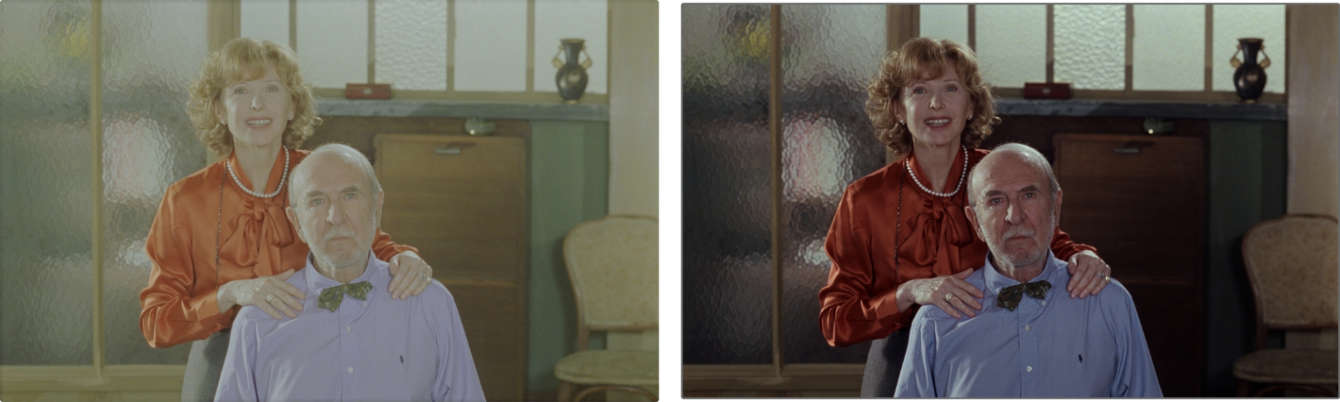 Une image de la version restaurée de <strong>Demain on déménage</strong>, avant étalonnage (gauche) et après étalonnage (droite). 